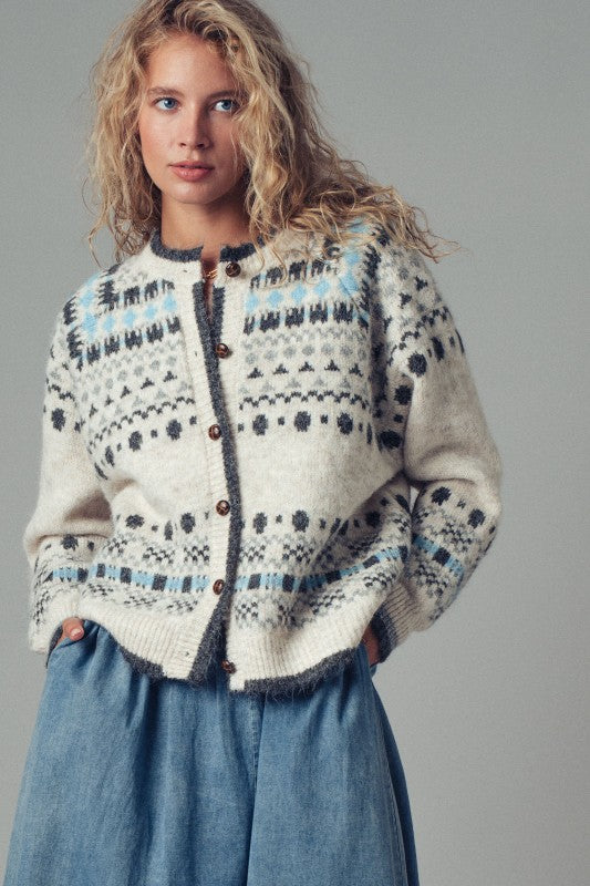 Nordic Pattern Wool Blend Cardigan