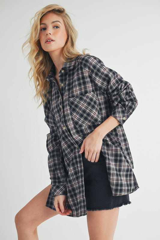 Preston Oversized Flannel Shirt - Charcoal