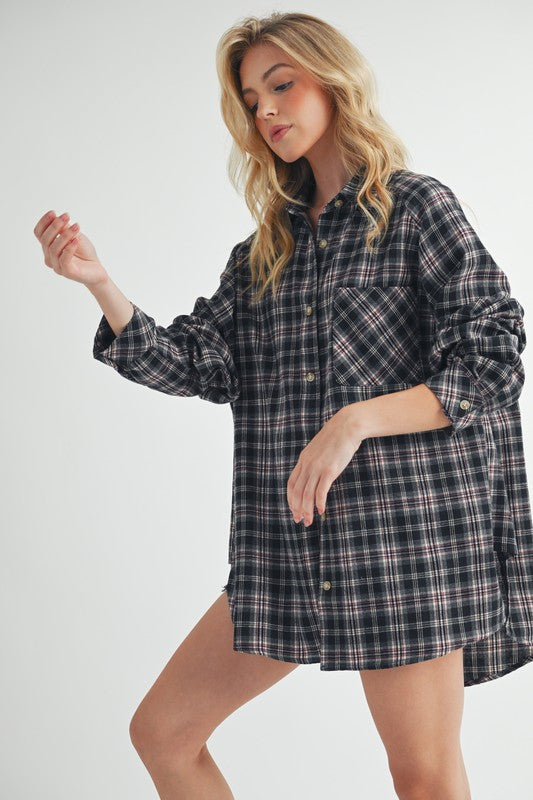 Preston Oversized Flannel Shirt - Charcoal