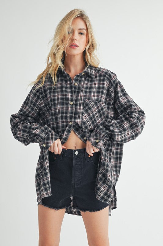 Preston Oversized Flannel Shirt - Charcoal