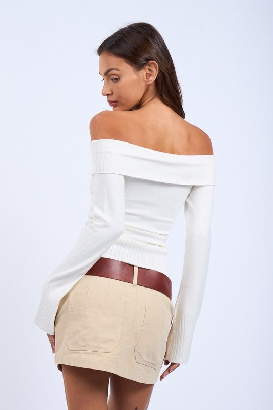 Geneva Crossover Off Shoulder Sweater - White