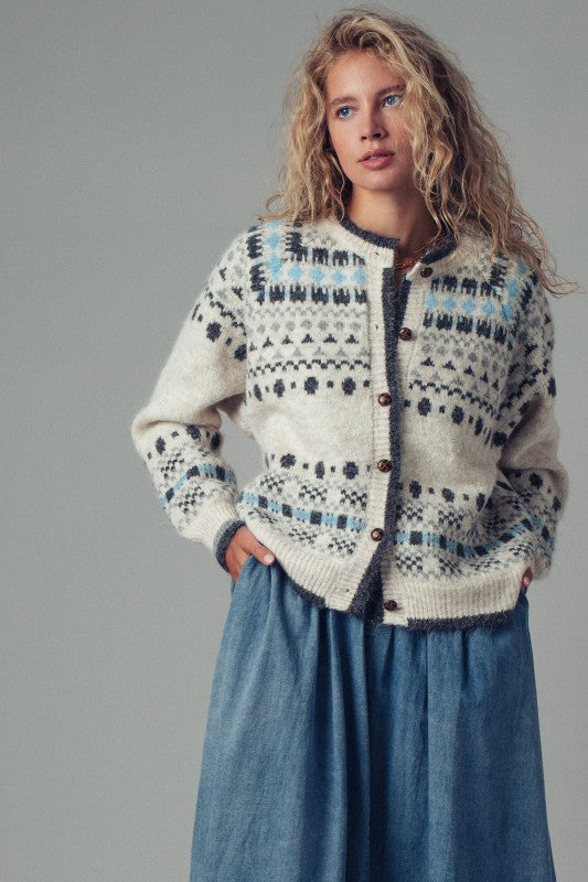 Nordic Pattern Wool Blend Cardigan