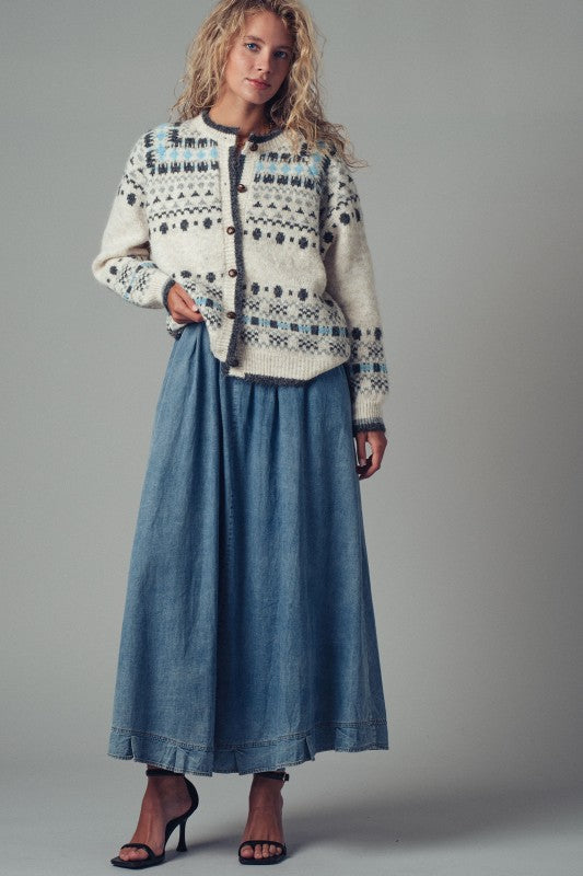 Nordic Pattern Wool Blend Cardigan