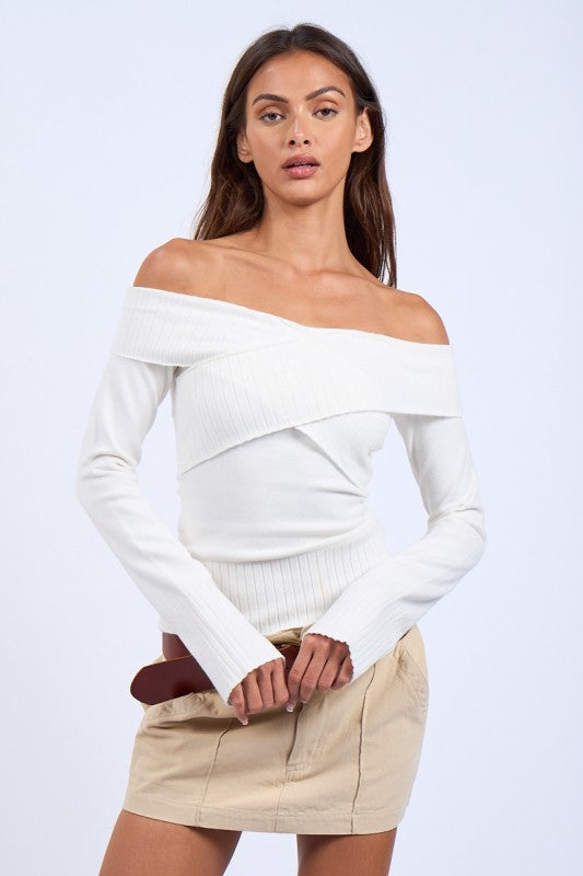 Geneva Crossover Off Shoulder Sweater - White