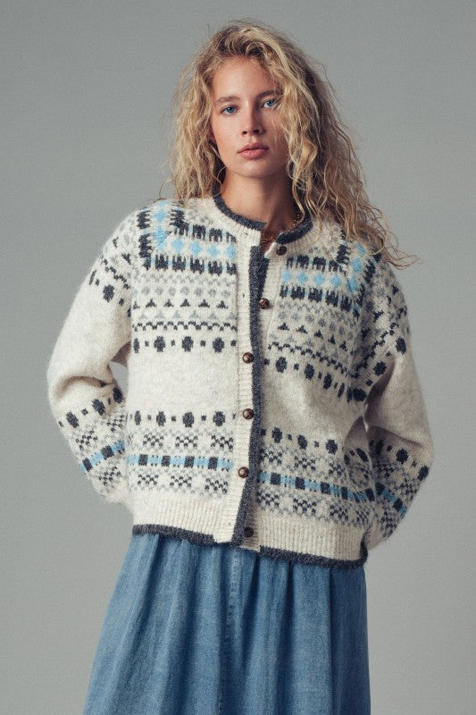 Nordic Pattern Wool Blend Cardigan