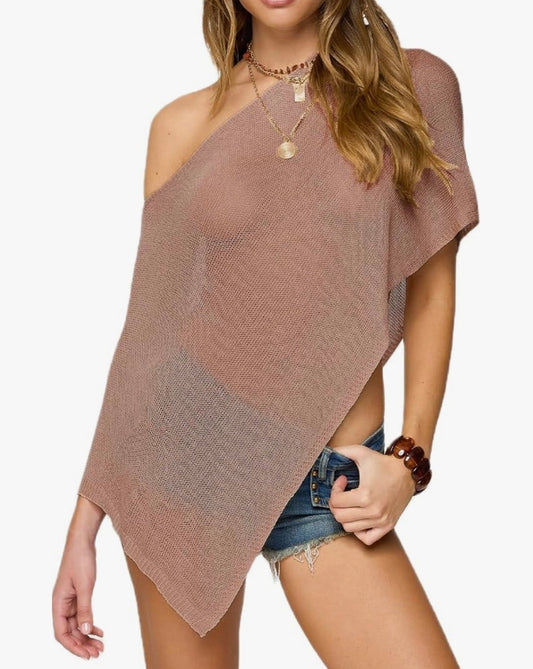 Rhys Sheer Knit Poncho - Mocha