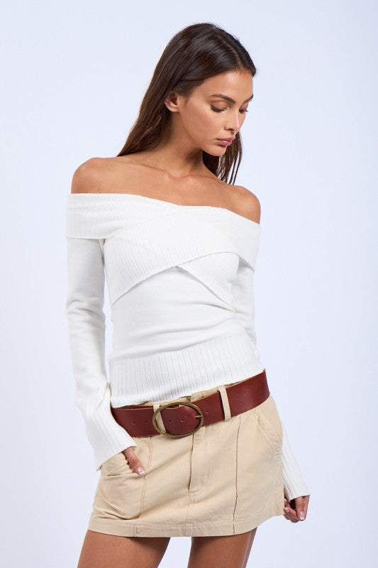 Geneva Crossover Off Shoulder Sweater - White