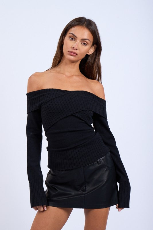 Geneva Crossover Off Shoulder Sweater - Black